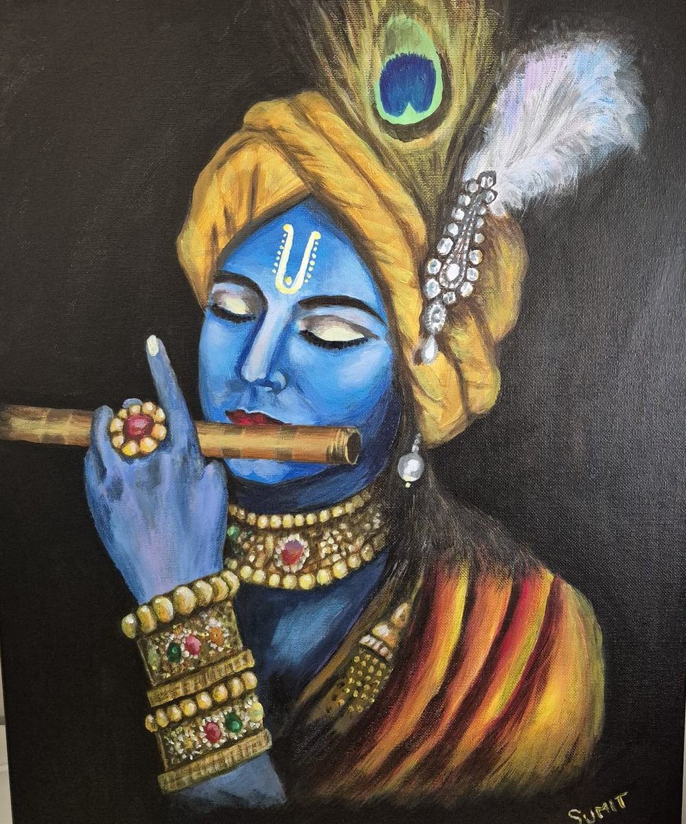 Krishna’s Divine Melody, an acrylic painting by Sumit Anand